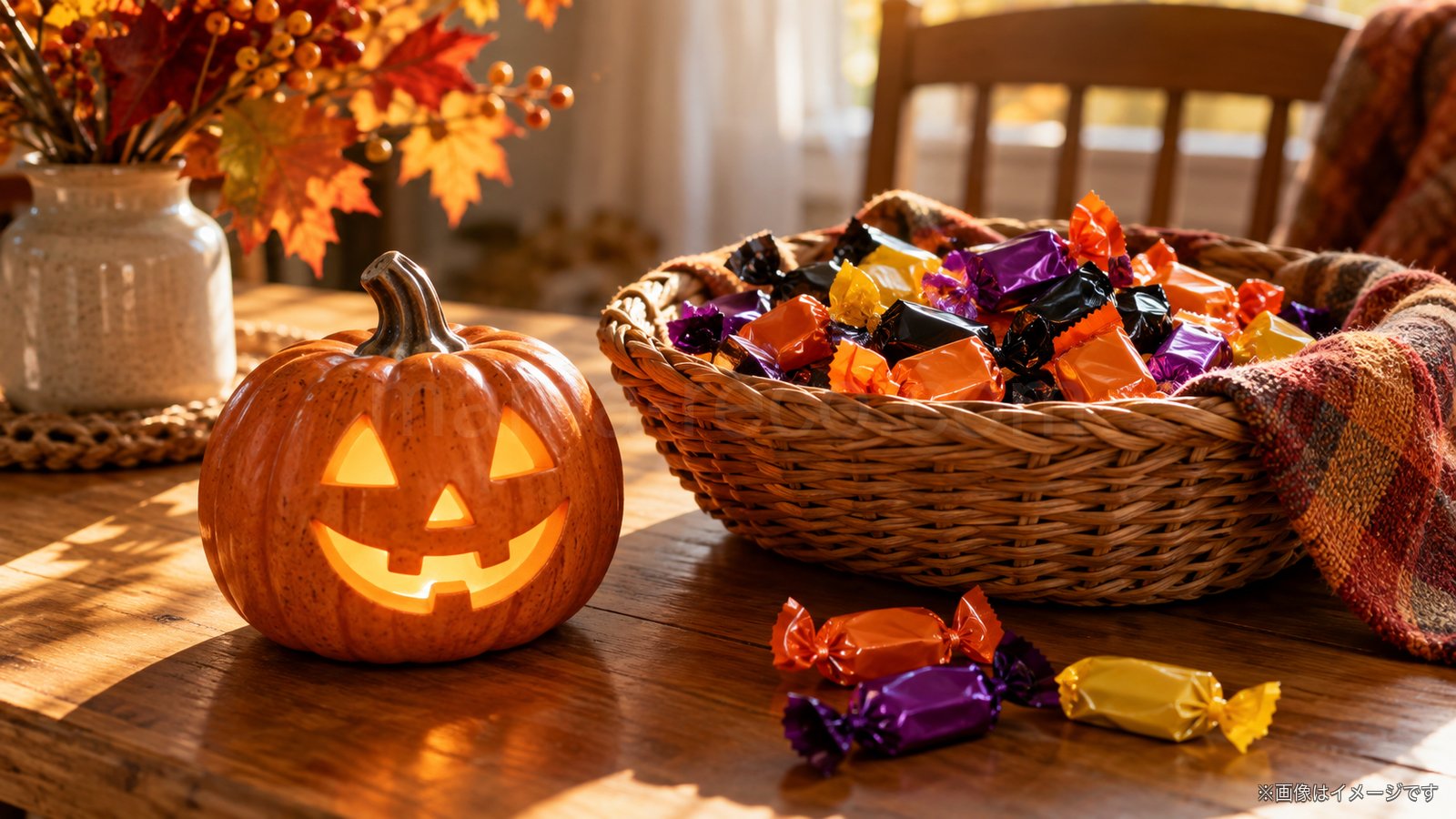 ハロウィンのかぼちゃと個包装のお菓子のイメージ