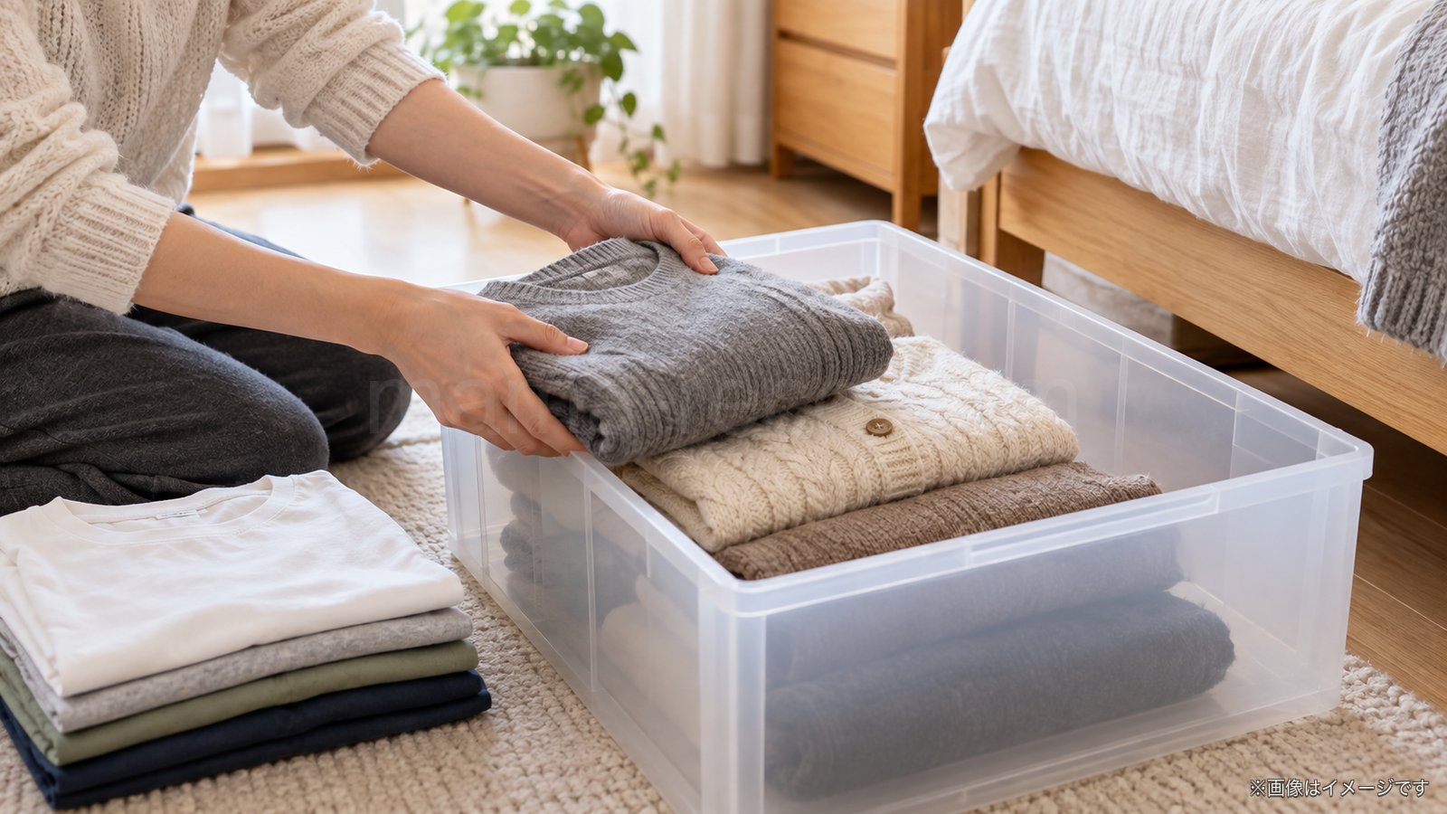 衣装ケースに秋冬の服を入れ替えるイメージ