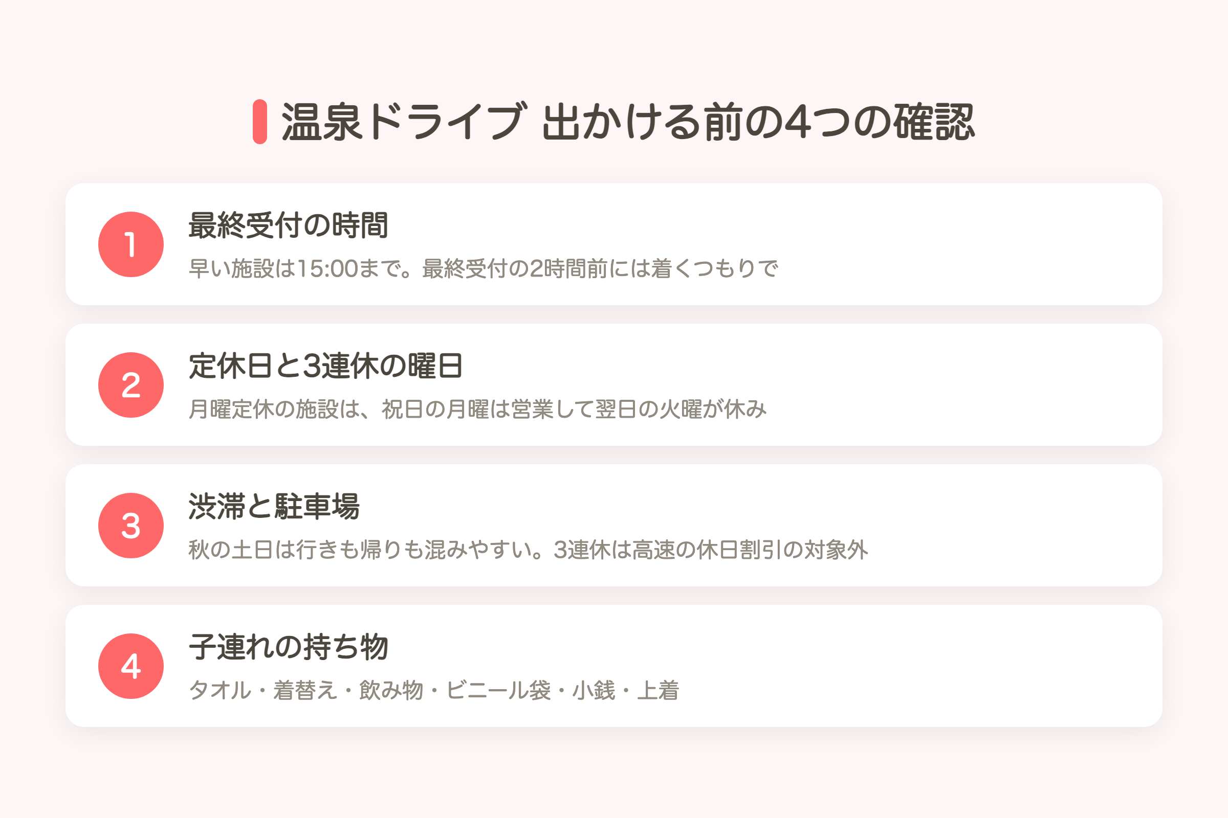 横浜から温泉ドライブに出かける前の4つの確認の図解